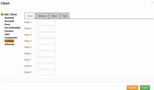 Client dialog box - Custom Dates tab