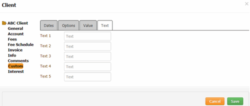 Client dialog box - Custom Text tab