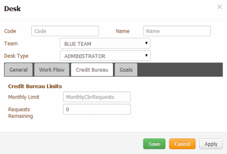 Desk dialog box - Credit Bureau tab