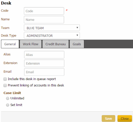 Desk dialog box - General tab