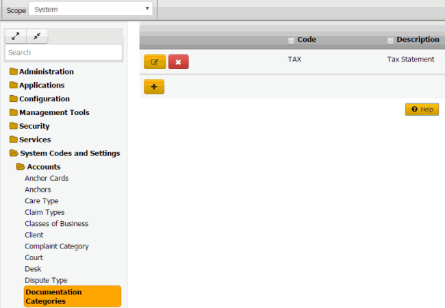 Documentation Categories panel