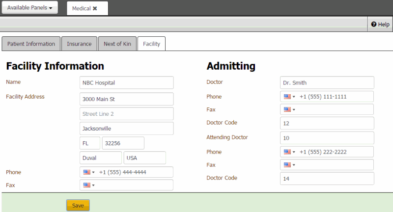 Facility tab - Medical panel