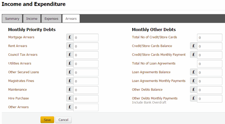 Income and Expenditure dialog box - Arrears tab