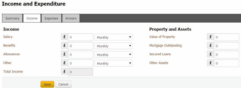 Income and Expenditure dialog box - Income tab