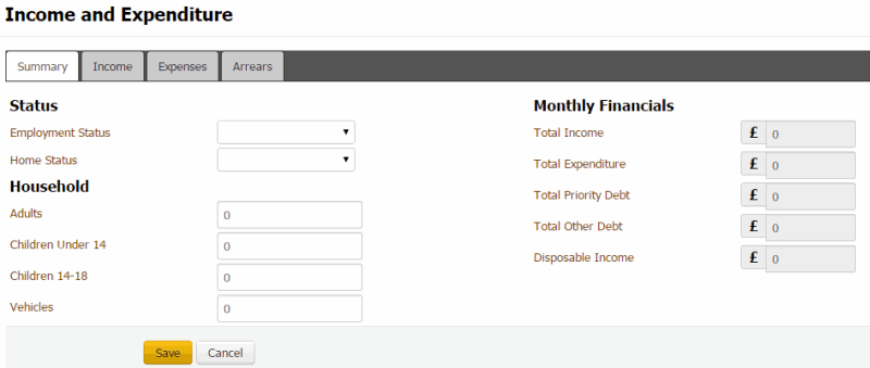 Income and Expenditure dialog box - Summary tab