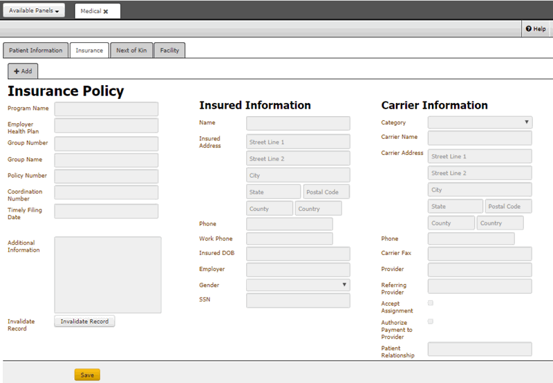 Insurance tab - Medical panel