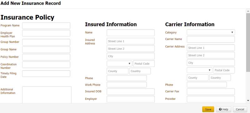 Add New Insurance Record dialog box