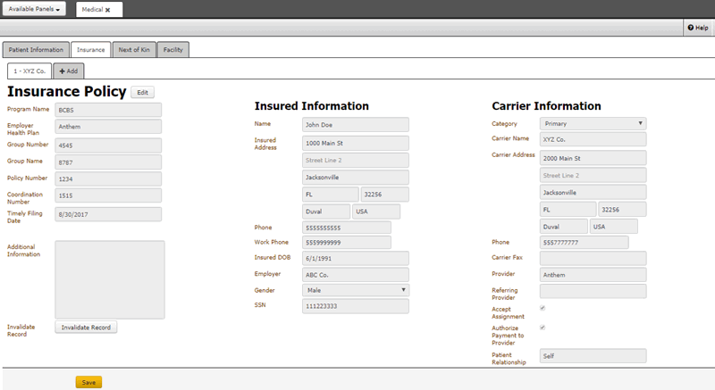 Insurance tab - Medical panel