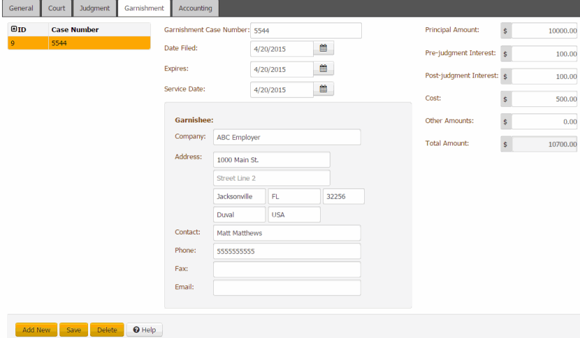 Legal panel - Garnishment tab