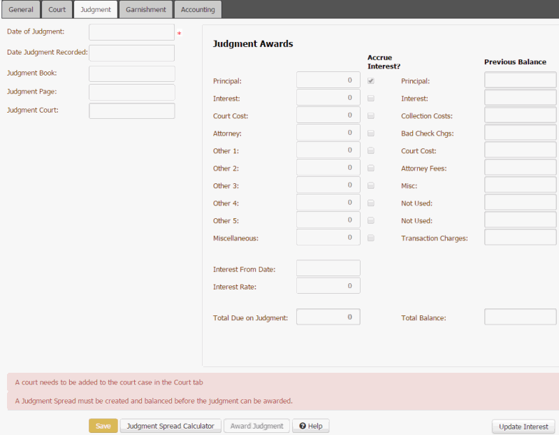 Legal panel - Judgment tab