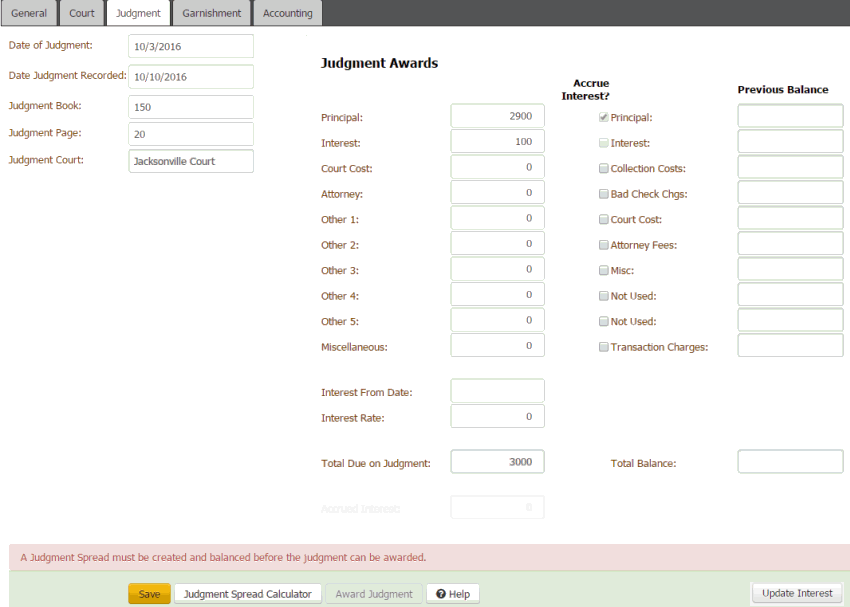 Legal panel - Judgment tab