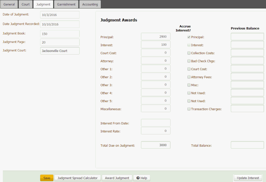 Legal panel - Judgment tab