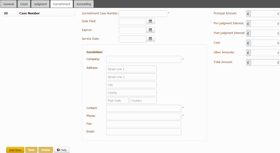 New Garnishment dialog box