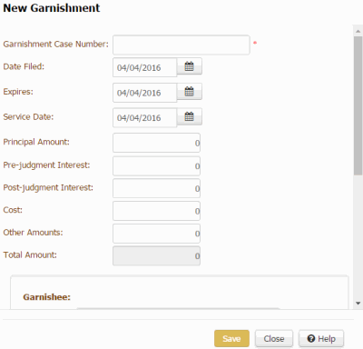 New Garnishment dialog box