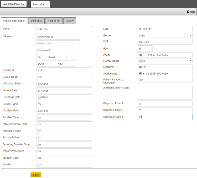 Patient Information tab - Medical panel