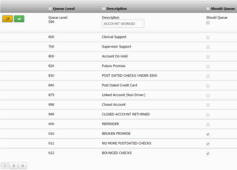 Queue Levels panel - edit