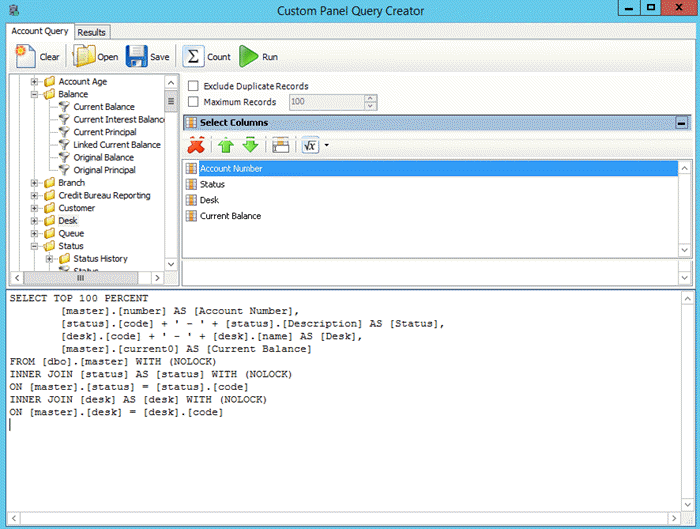 Custom Panel Query Creator window