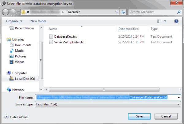 Select File to Write database encryption key to window