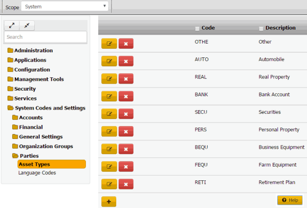 Asset Types panel Asset Types panel