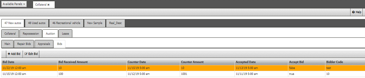 Automotive panel - Auction tab - Bids tab