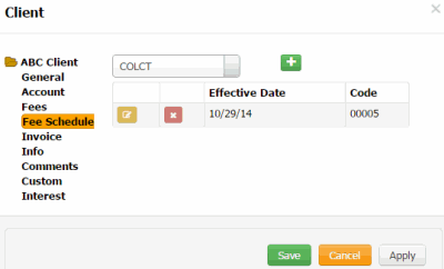 Client dialog box - Fee Schedule tab