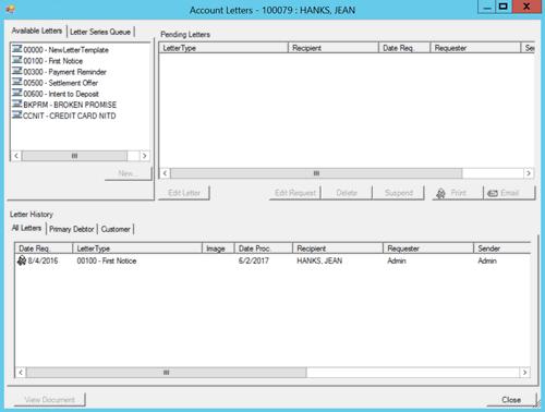 Account Letters window Account Letters window