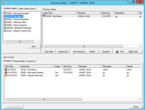 Account Letters window - Pending letters Account Letters window - Pending letters