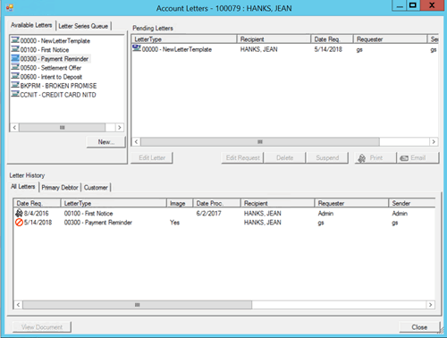 Account Letters window - Letter History Account Letters window - Letter History