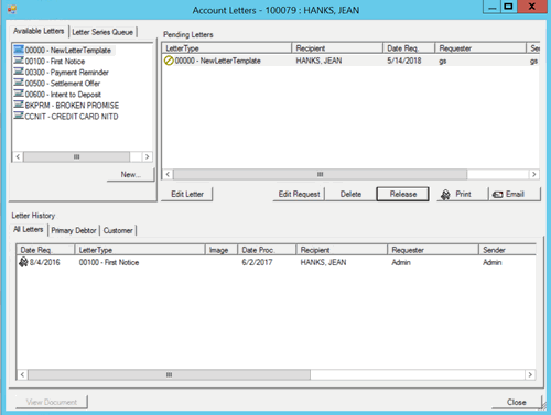 Account Letters window - Release letter Account Letters window - Release letter