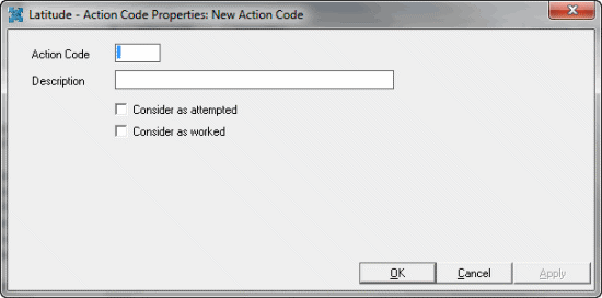 Laititude - Action Code Properties dialog box - New Action Code Laititude - Action Code Properties dialog box - New Action Code