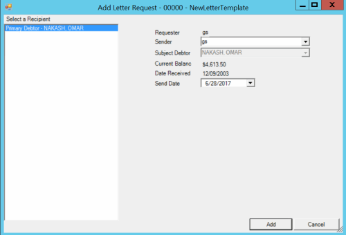 Add Letter Request dialog box Add Letter Request dialog box