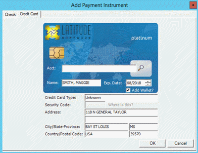 Add Payment Instrument dialog box - Credit Card tab