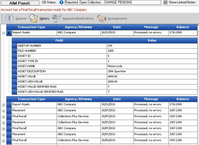 AIM Panel - History tab AIM Panel - History tab