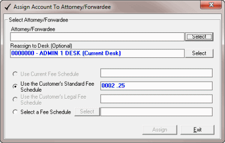 Assign Account to Attorney/Forwarder dialog box Assign Account to Attorney/Forwarder dialog box
