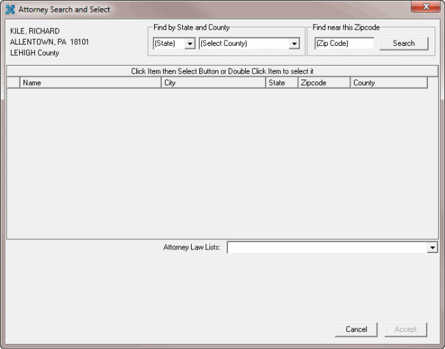 Attorney Search and Select dialog box Attorney Search and Select dialog box