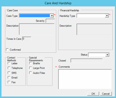 Care and Hardship dialog box Care and Hardship dialog box