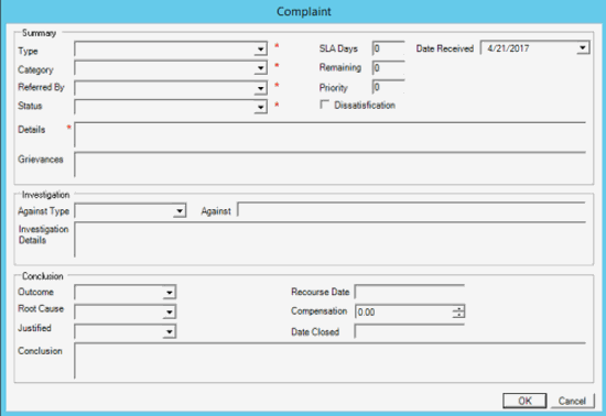 Complaint dialog box Compliant dialog box