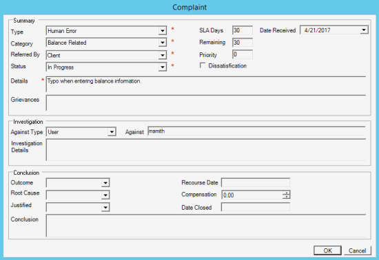 Complaint dialog box