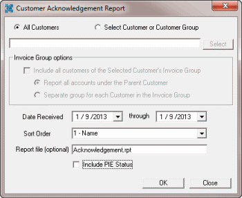 Customer Acknowledgment Report dialog box