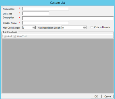Custom List dialog box Custom List dialog box