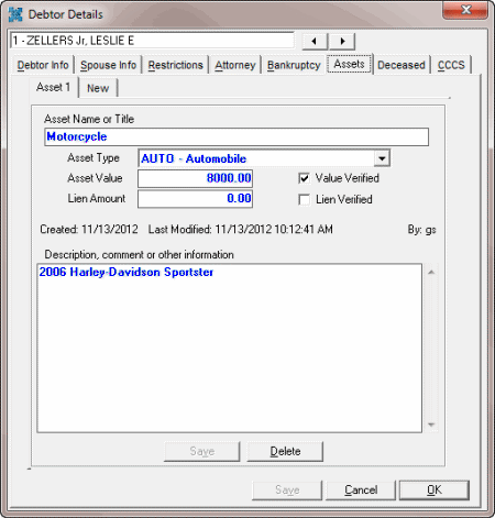 Debtor Details dialog box - Assets tab Debtor Details dialog box - Assets tab