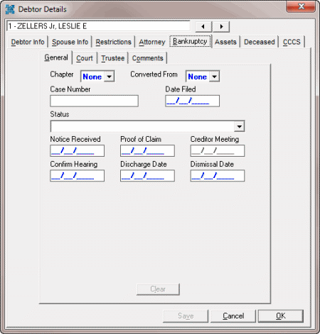 Debtor Details dialog box - Bankruptcy tab - General tab Debtor Details dialog box - Bankruptcy tab - General tab