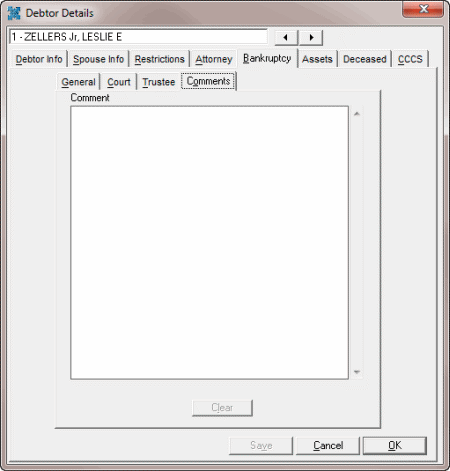 Debtor Details dialog box - Bankruptcy tab - Comments tab