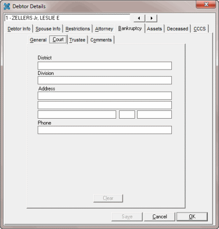 Debtor Details dialog box - Bankruptcy tab - Court tab