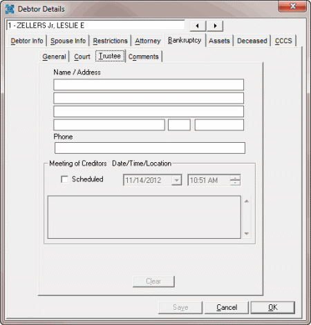 Debtor Details dialog box - Bankruptcy tab - Trustee tab Debtor Details dialog box - Bankruptcy tab - Trustee tab