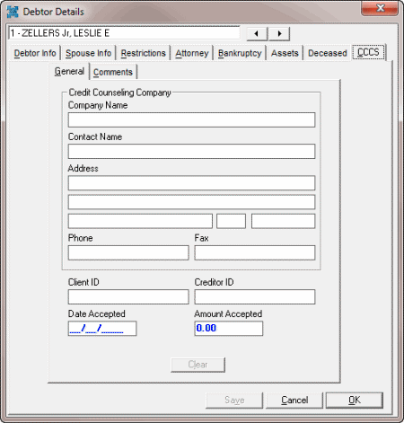 Debtor Details dialog box - CCCS tab - General tab Debtor Details dialog box - CCCS tab - General tab