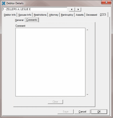 Debtor Details dialog box - CCCS tab - Comments tab Debtor Details dialog box - CCCS tab - Comments tab