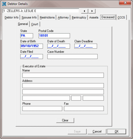 Debtor Details dialog box - Deceased tab - General tab Debtor Details dialog box - Deceased tab - General tab