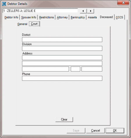 Debtor Details dialog box - Deceased tab - Court tab Debtor Details dialog box - Deceased tab - Court tab