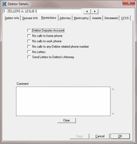 Debtor Details dialog box - Restrictions tab Debtor Details dialog box - Restrictions tab